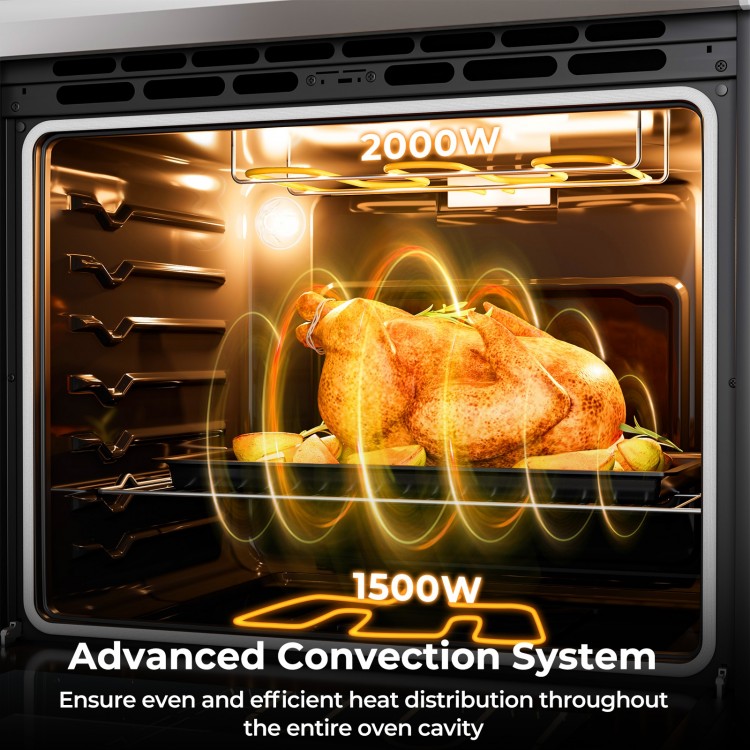 30-inch freestanding kitchen stove with advanced convection system, showing a roasted chicken and efficient heat.