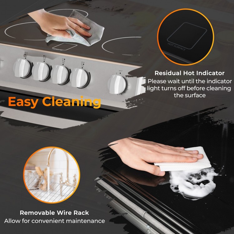 Ceramic cooktop of the 30-inch kitchen stove showing easy cleaning features and residual hot indicator for safety.