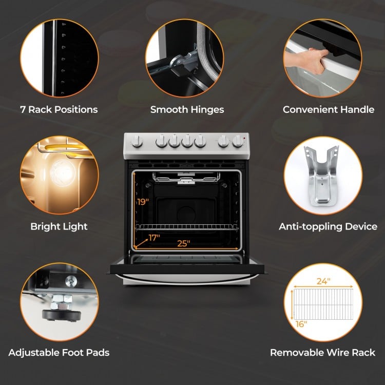 30-inch freestanding kitchen stove with 4 burners, 5.1 cu.ft capacity, and removable wire rack for versatile cooking.