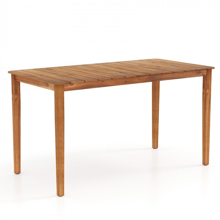 Rectangular outdoor dining table made of acacia wood, accommodates 4-6 people, features slatted top for easy cleaning.