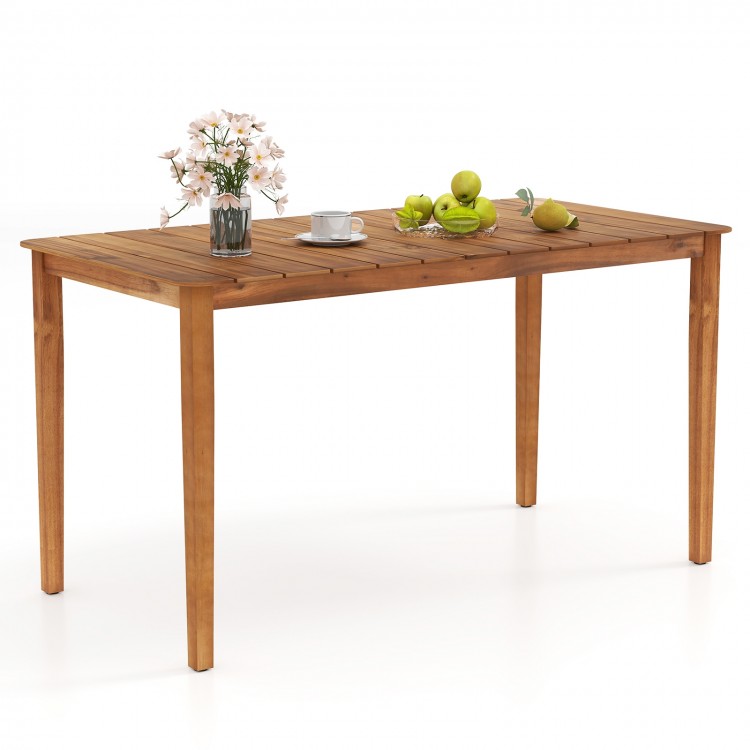 Rectangular outdoor dining table made of acacia wood, seating 4-6, featuring slatted top and sturdy design for.