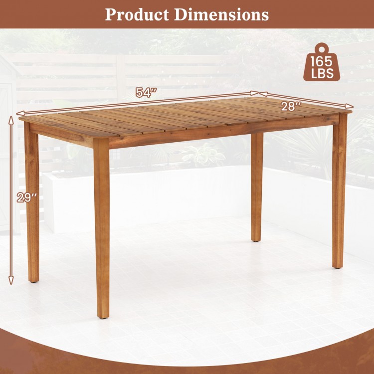 Rectangular outdoor dining table made of acacia wood, measuring 54” x 28” x 29”, suitable for 4-6 people.