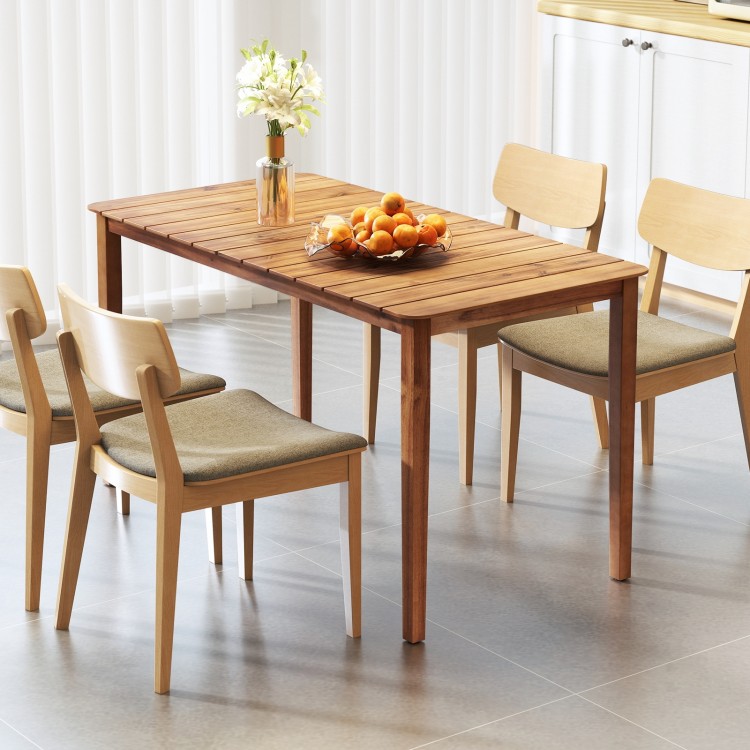 Rectangular outdoor dining table made of acacia wood, seating 4-6 people, with a slatted tabletop for easy cleaning.