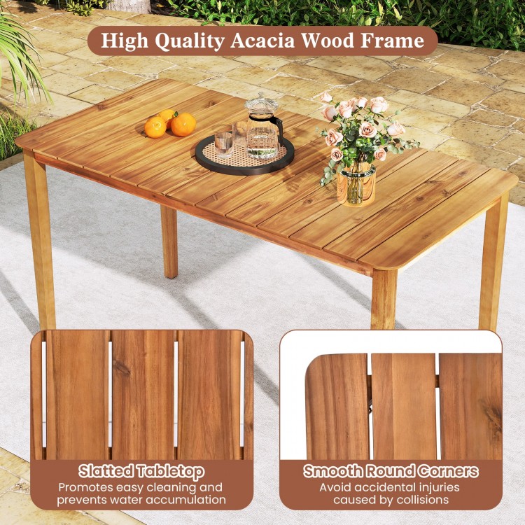 Rectangular outdoor dining table made of acacia wood, featuring a slatted tabletop and smooth round corners for safety.