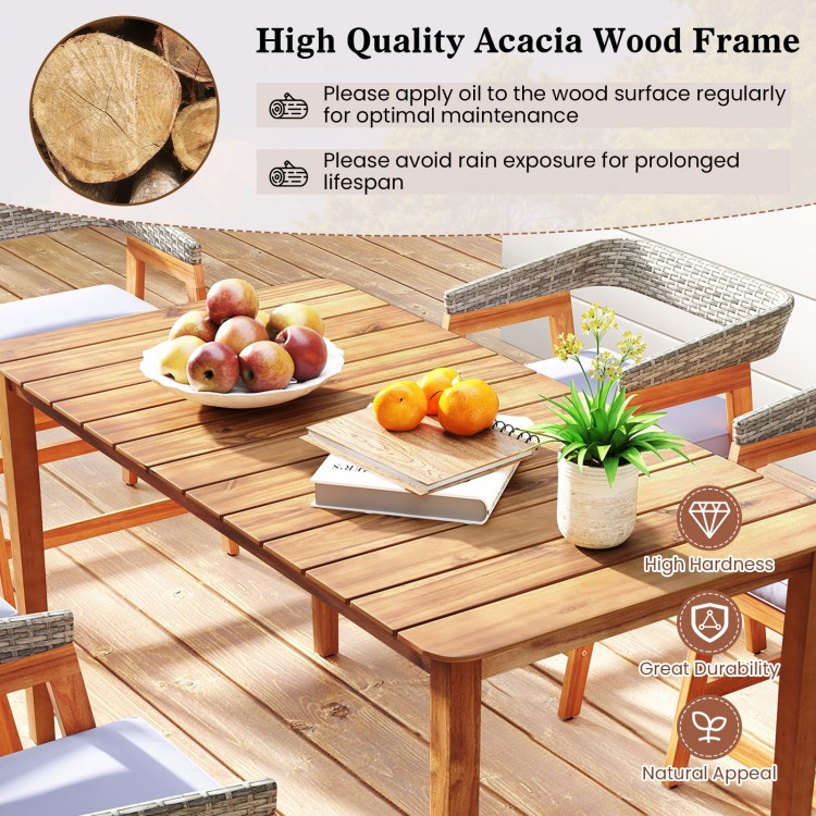 Rectangular outdoor dining table made of acacia wood, accommodating 4-6 people, featuring slatted tabletop for easy.
