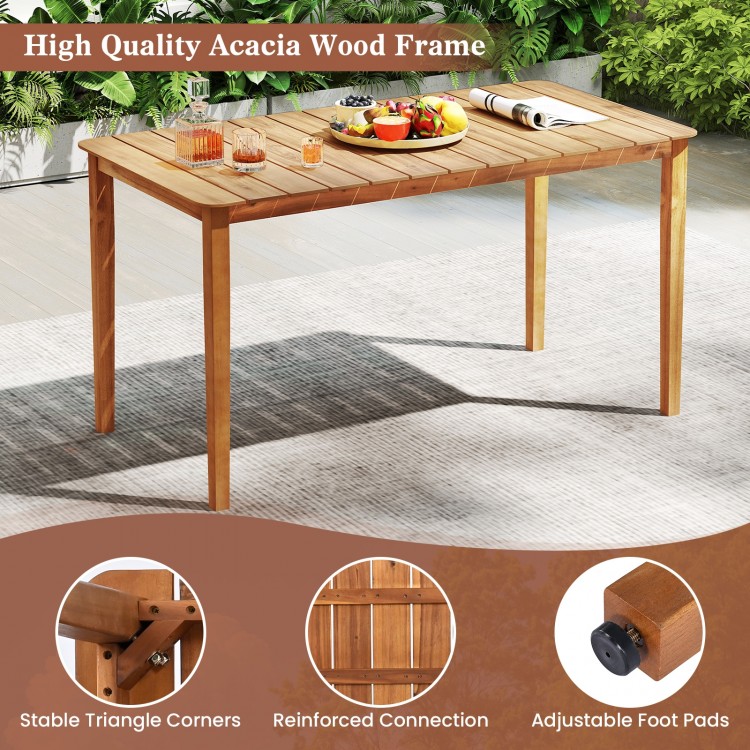 Rectangular outdoor dining table made of acacia wood, accommodating 4-6 people, featuring adjustable foot pads for.