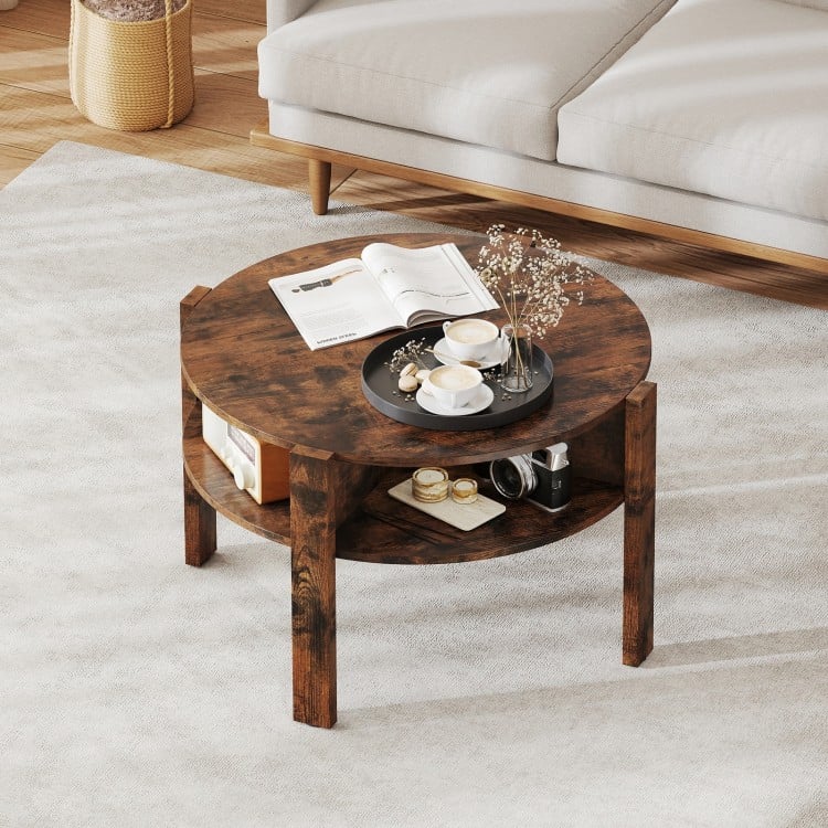 Round coffee table in rustic brown with storage shelves, perfect for small spaces and stylish living room decor.