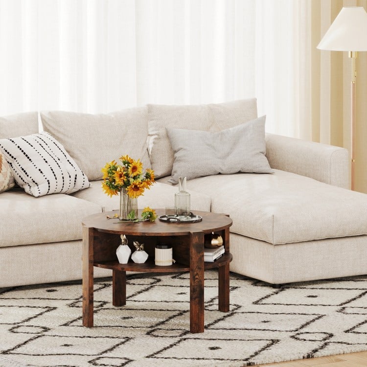 Round coffee table in rustic brown with storage shelves, perfect for small spaces and enhancing living room decor.