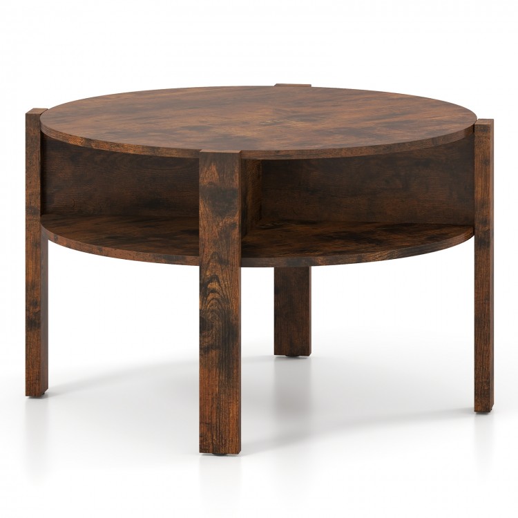 Round coffee table in rustic brown with storage shelves, featuring thick legs and protective foot pads for stability.