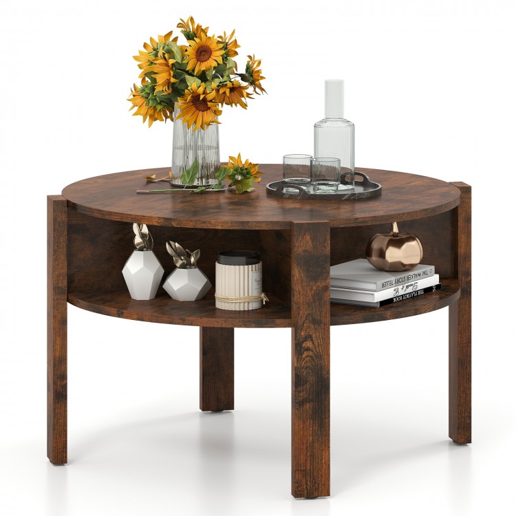 Rustic brown round coffee table showcasing a smooth surface and side shelves, ideal for small space living rooms.