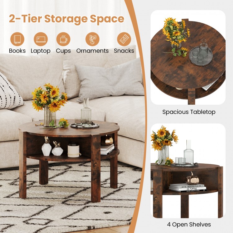 Round coffee table in rustic brown with spacious tabletop and 4 open shelves for storage in small spaces.
