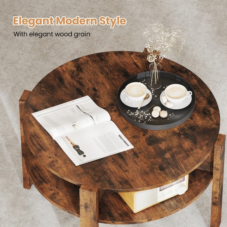 Round coffee table in rustic brown with storage shelves, featuring elegant wood grain for small spaces and easy.