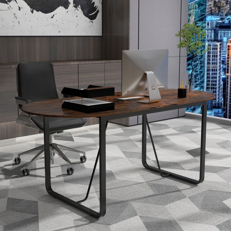 Oval executive table in rustic brown with cable management hole, ideal for home office or meeting rooms.
