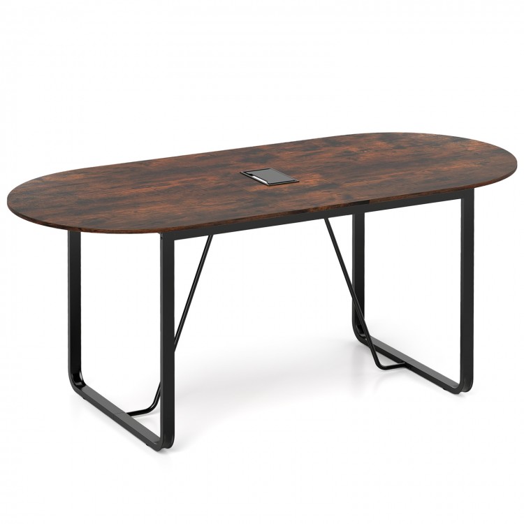 Oval 71-inch executive table in rustic brown with cable management hole, ideal for office meetings and training rooms.