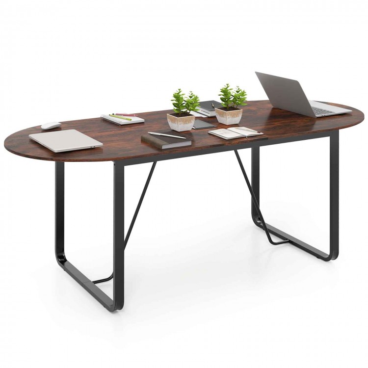 Oval 71-inch executive table in rustic brown with cable management hole, ideal for home office or meeting spaces.
