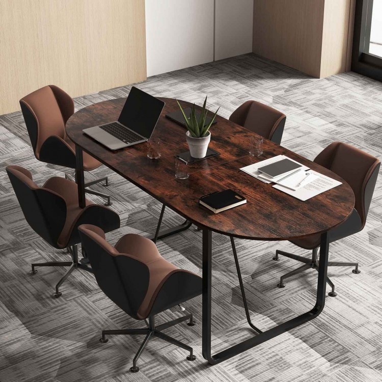 Oval home office table in rustic brown with a spacious surface and sturdy metal base, perfect for executive meetings.