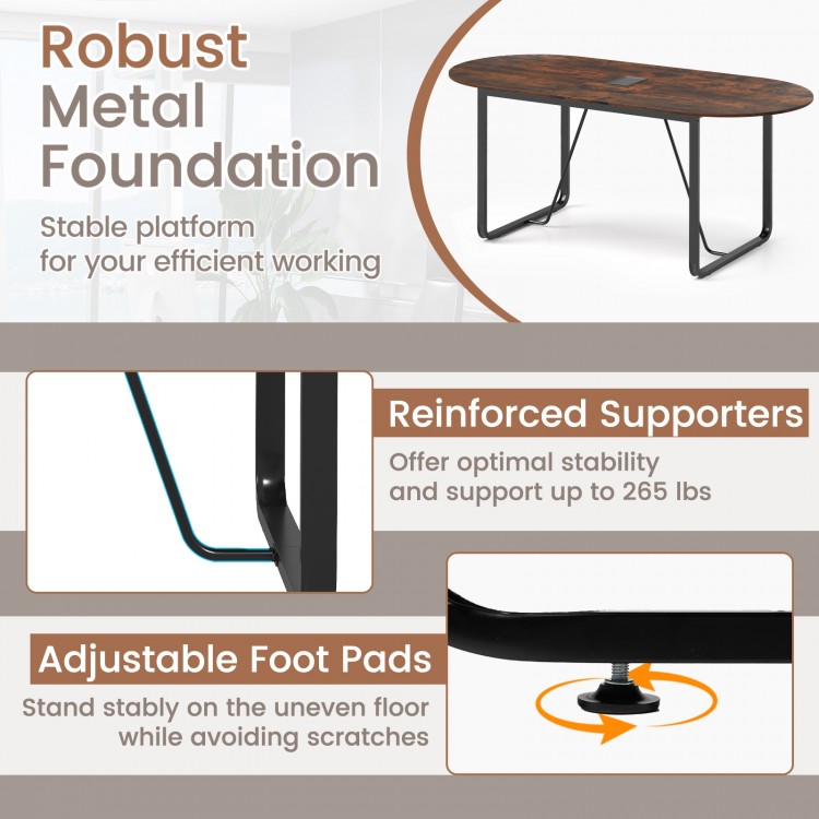 Oval 71-inch executive table in rustic brown with cable management hole and adjustable foot pads for stable office use.