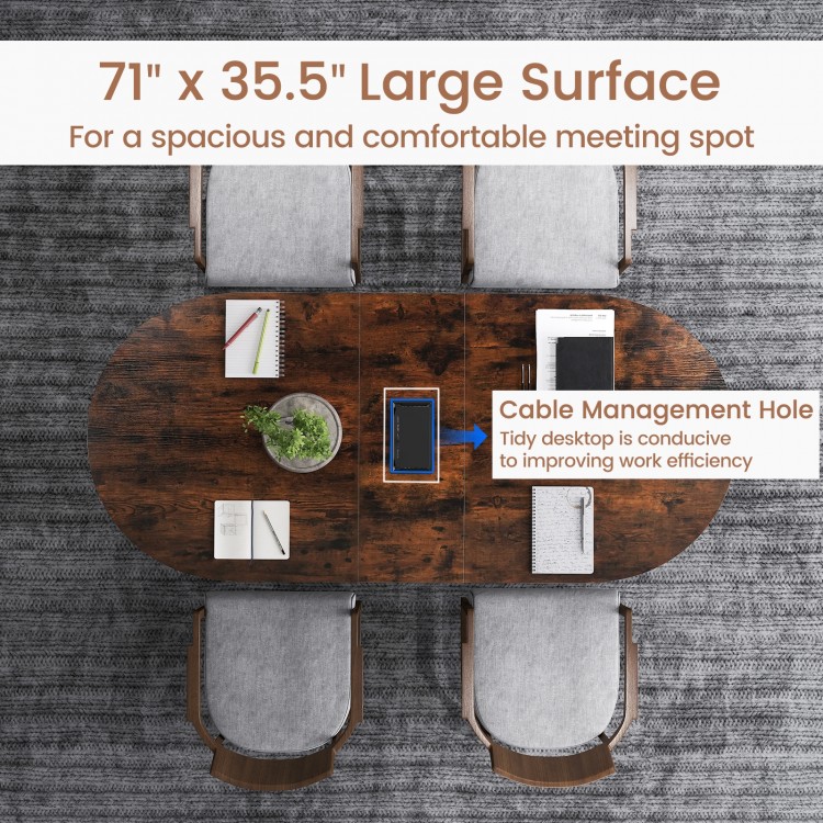 Oval executive table with a 71" x 35.5" surface and cable management hole, ideal for office meetings and organization.