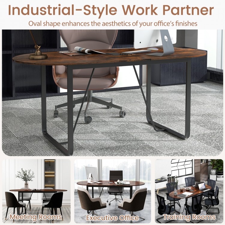 Oval 71-inch executive table in rustic brown with cable management hole, ideal for offices and meeting rooms.