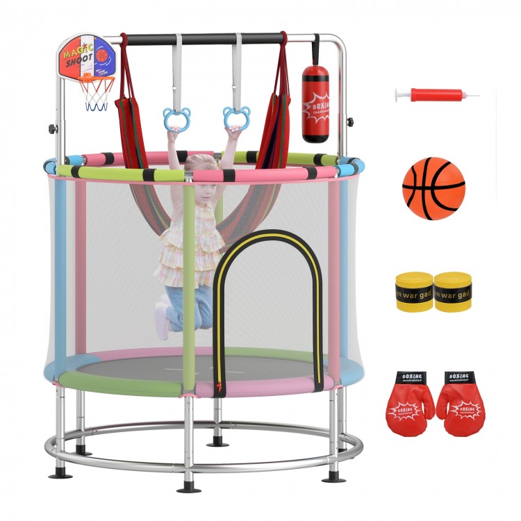 Kids trampoline with 55" jumping mat, safety net, and adjustable gym bar, perfect for fun playtime at home or daycare.