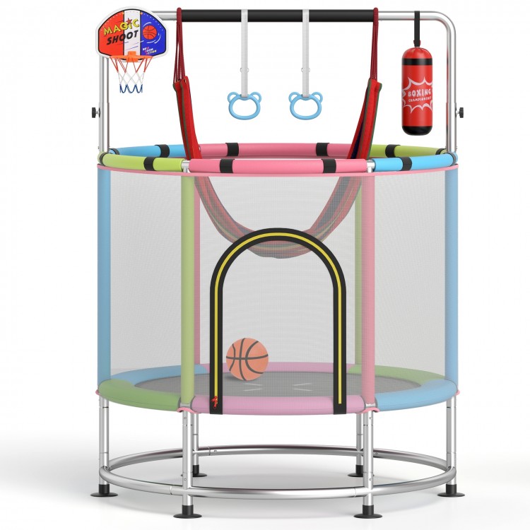 55" kids trampoline in pink with safety net, adjustable gym bar, and accessories for fun playtime indoors or outdoors.