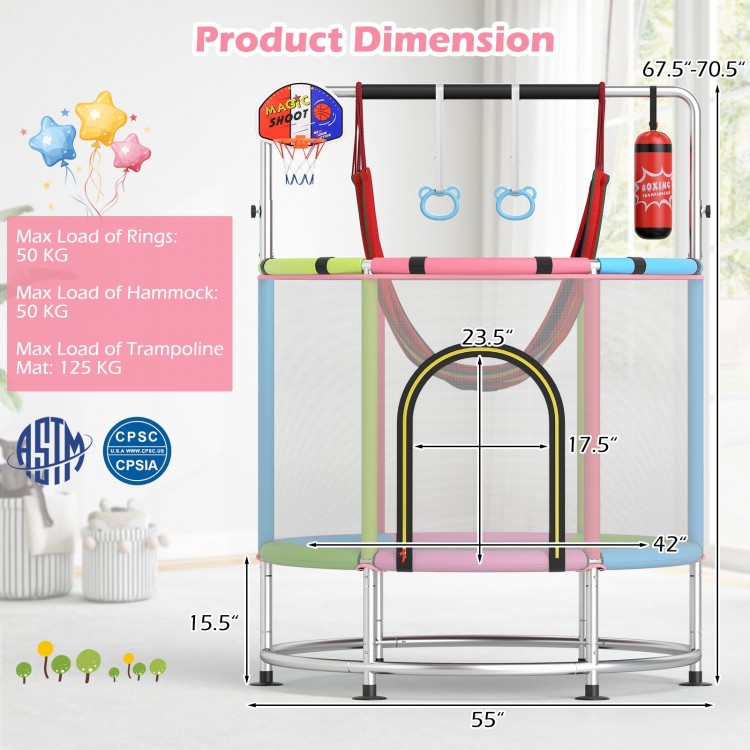 55" kids trampoline in pink with safety net, adjustable gym bar, and waterproof mat for fun playtime indoors or.