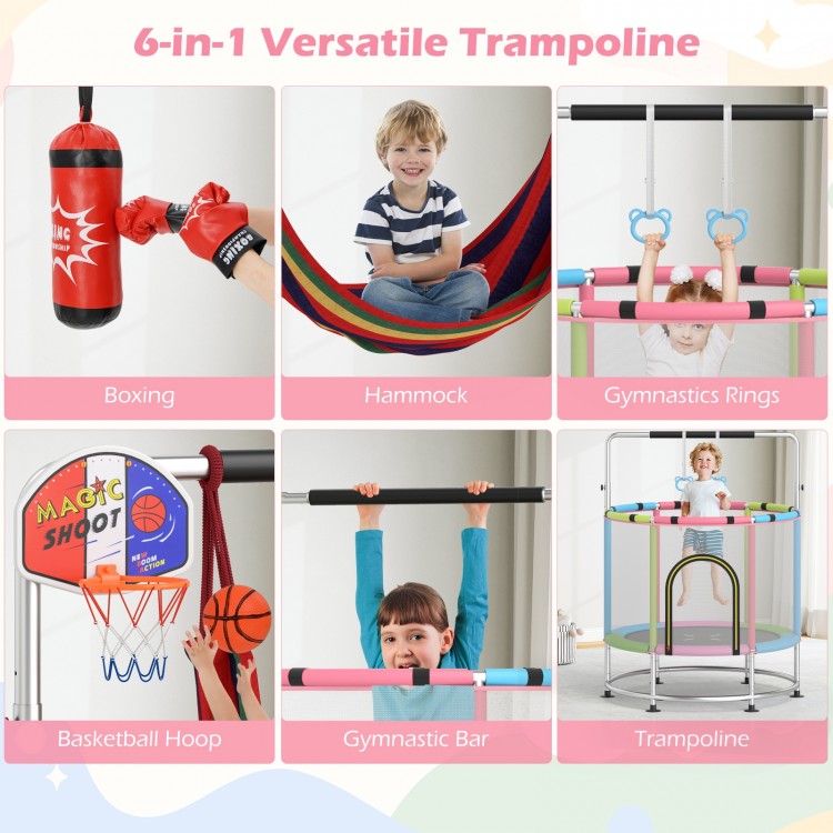 55" kids trampoline with adjustable gym bar, safety net, and accessories for fun playtime indoors or outdoors.