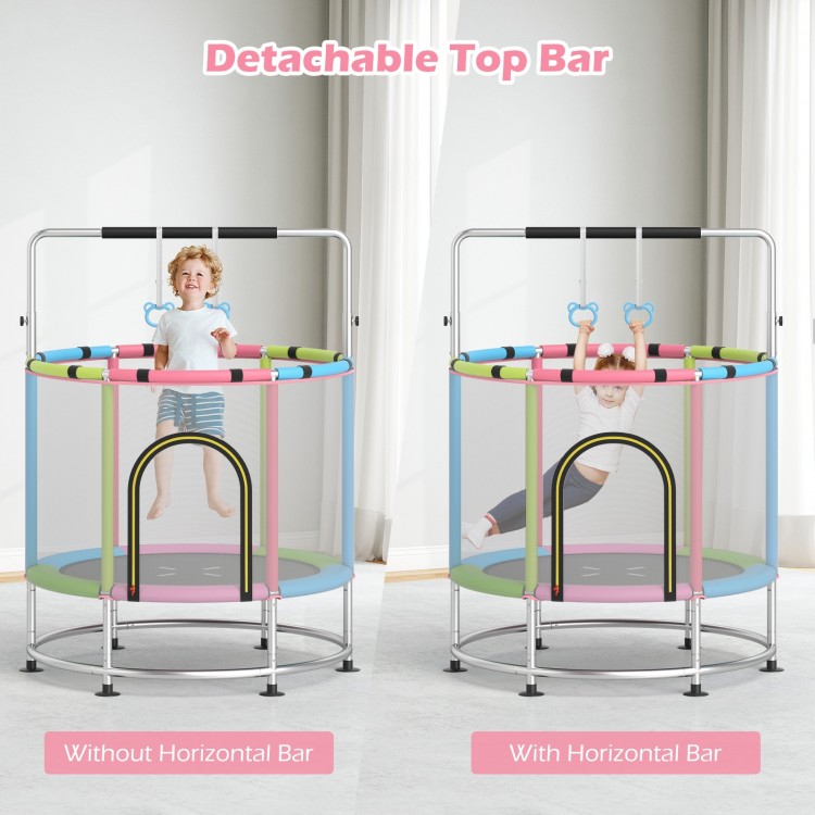 Kids trampoline with detachable top bar, featuring a 55" jumping mat and 360° safety net for secure play.