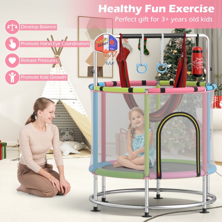 Kids trampoline with 55" jumping mat, pink color, and adjustable gym bar for safe, fun play for ages 3-6.