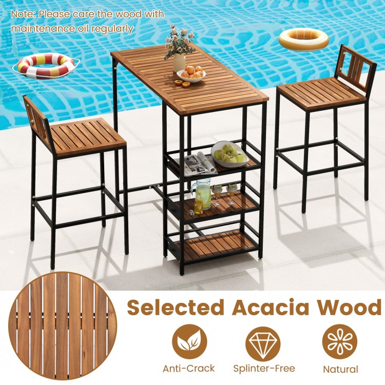 Outdoor wood bar set featuring acacia wood table and metal frame, ideal for poolside or balcony with 3-tier storage.