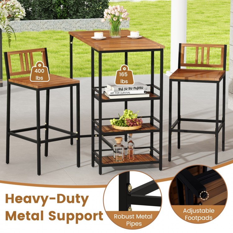3-piece outdoor wood bar set featuring acacia wood, metal frame, and 3-tier storage shelf for backyard or balcony use.