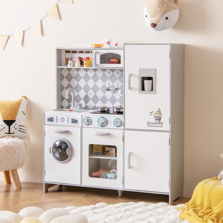 Pretend play kitchen for kids with stove, sink, washing machine, and realistic sounds, perfect for imaginative play.