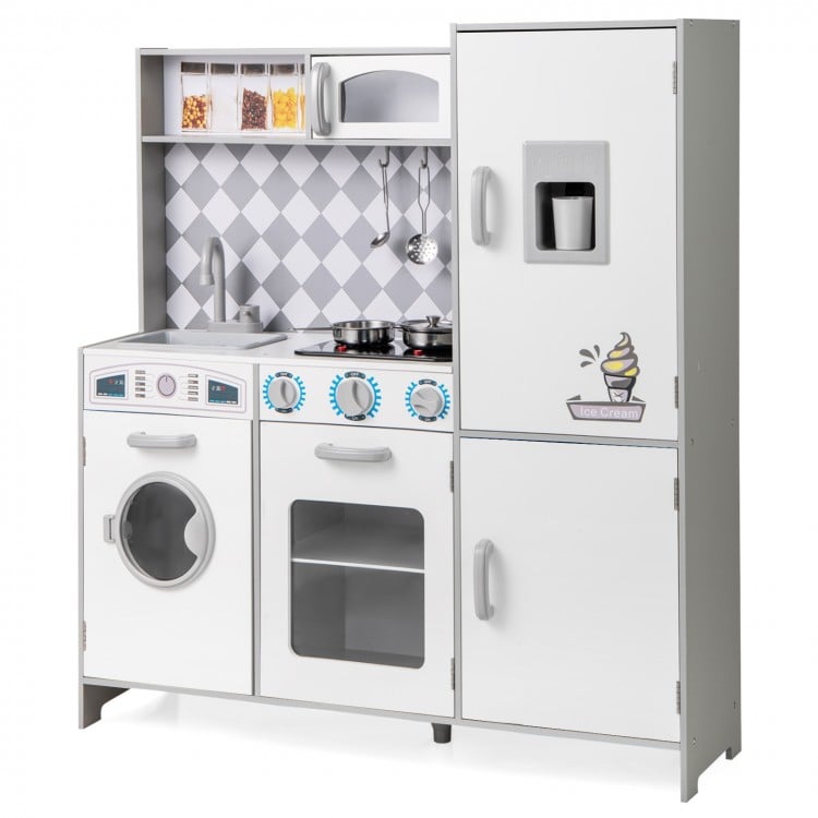 Pretend play kitchen for kids with stove, sink, washing machine, and realistic sounds, ideal for imaginative play.