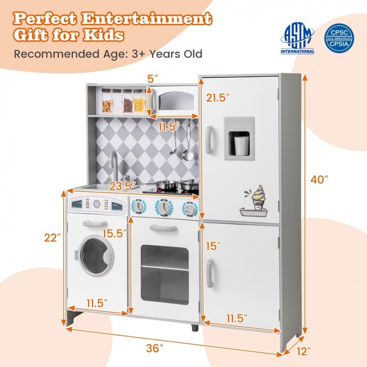 Pretend play kitchen for kids featuring stove, sink, washing machine, and realistic sounds, perfect for imaginative.