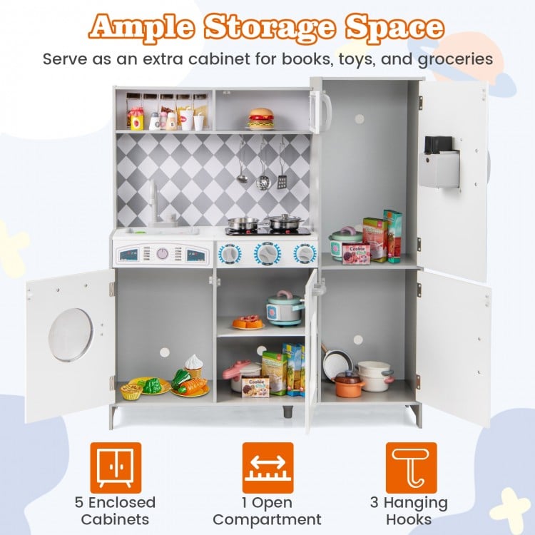Pretend play kitchen for kids with 5 cabinets, stove, sink, and realistic sounds, perfect for imaginative cooking fun.