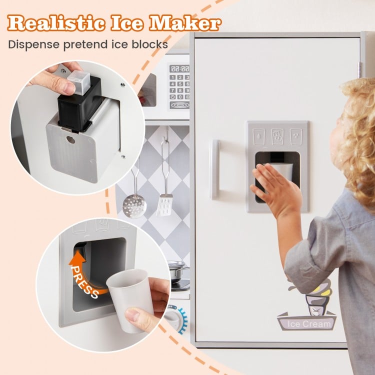 Pretend ice maker with cup and ice cubes in a kids' kitchen set, featuring realistic sounds and lights for immersive.