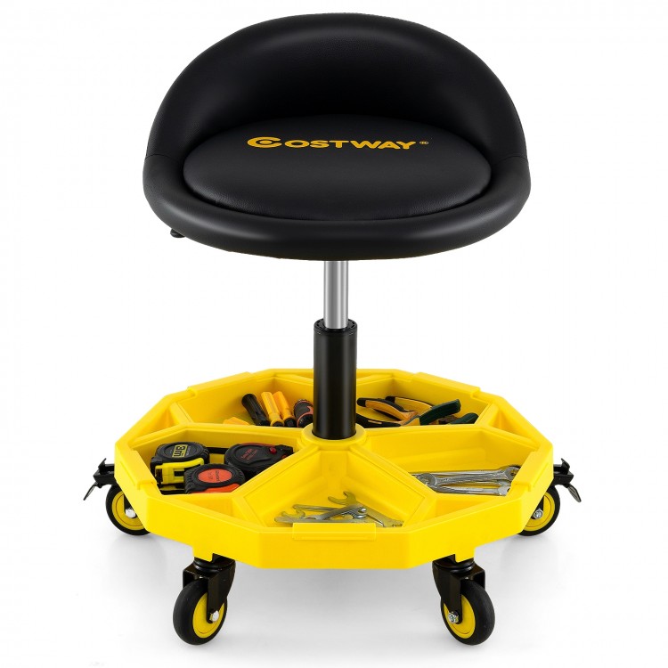 Height adjustable rolling garage stool with tool tray storage, yellow, featuring a padded seat and 5 universal wheels.