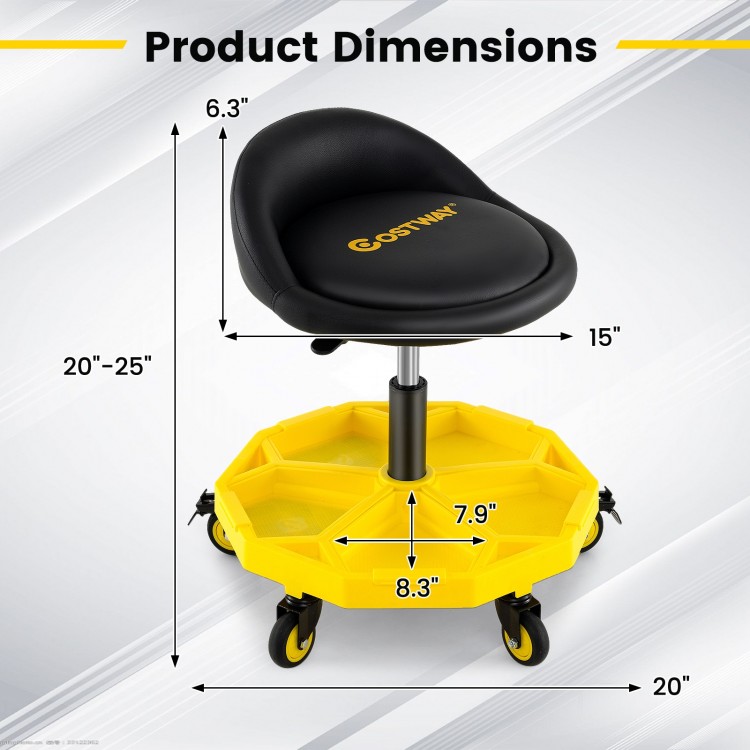 Product dimensions of the height adjustable yellow rolling garage stool, featuring a padded seat and tool tray storage.