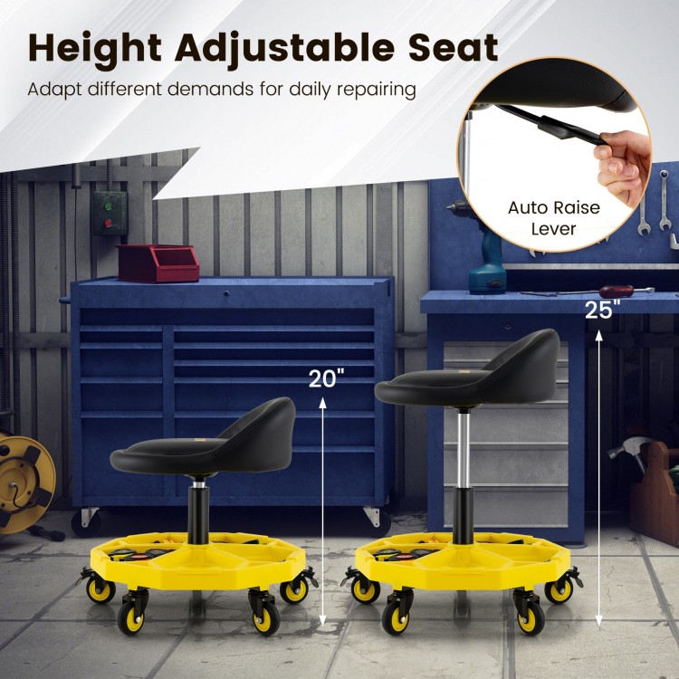 Height adjustable rolling garage stool in yellow with tool tray, 20"-25" height, 5 wheels, and padded seat for comfort.