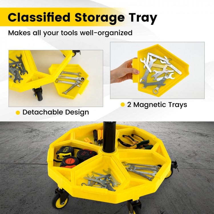 Height adjustable yellow rolling garage stool with detachable magnetic tool trays for organized storage and easy.