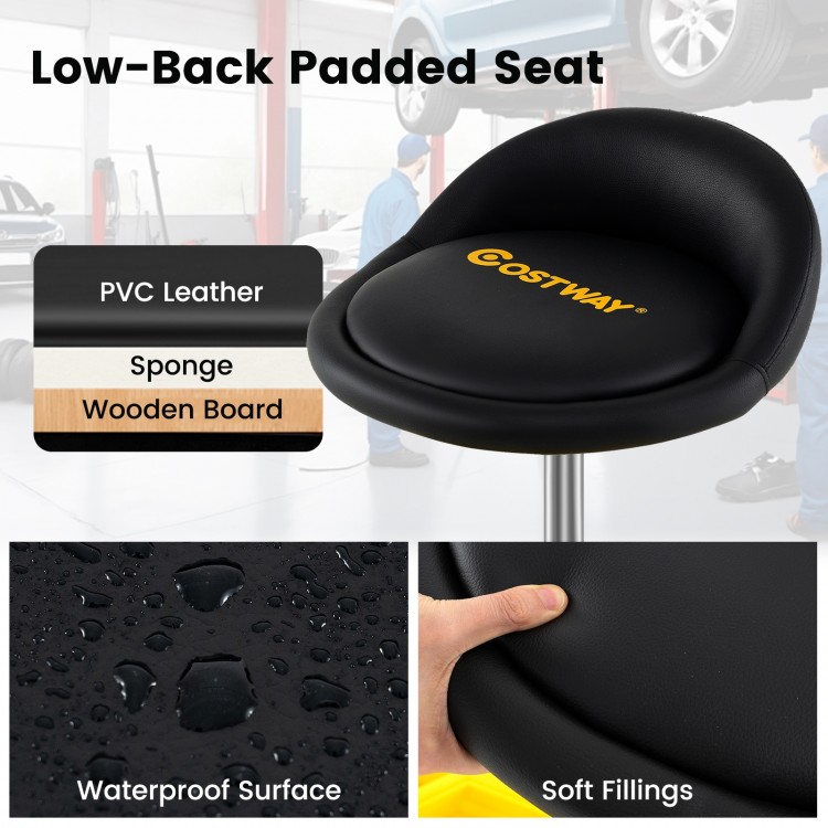 Height adjustable rolling garage stool with padded PVC leather seat, tool tray storage, and 5 wheels for easy mobility.