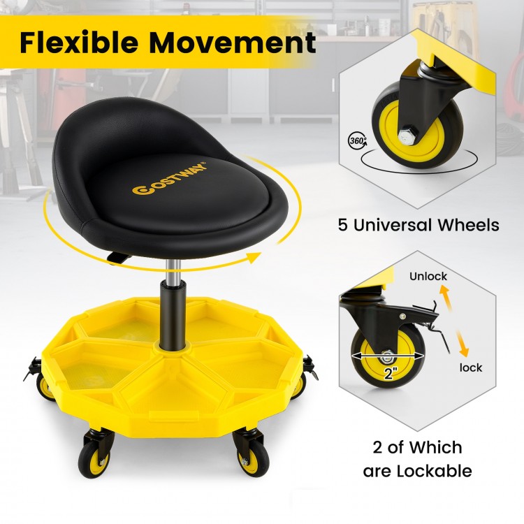 Height adjustable yellow rolling garage stool with tool tray storage, 5 wheels, and padded seat for comfort and.