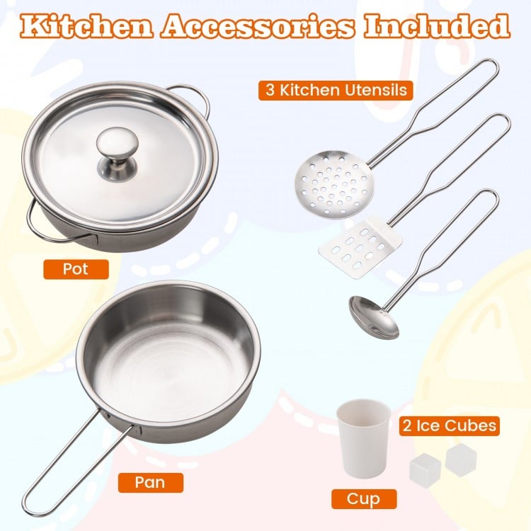 Stainless steel pot and pan with three kitchen utensils, cup, and ice cubes for pretend play cooking fun.