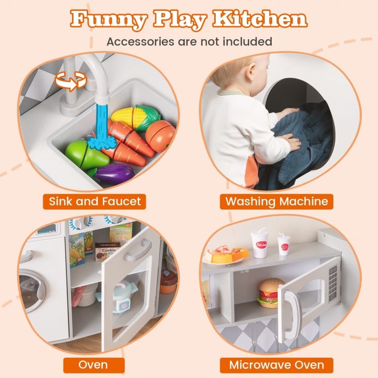 Pretend play kitchen for kids featuring a sink, oven, microwave, and washing machine for immersive cooking fun.