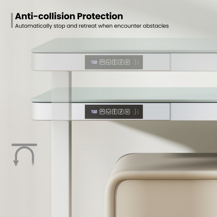 Close-up of the control panel on a 48-inch height adjustable electric standing desk with anti-collision protection.