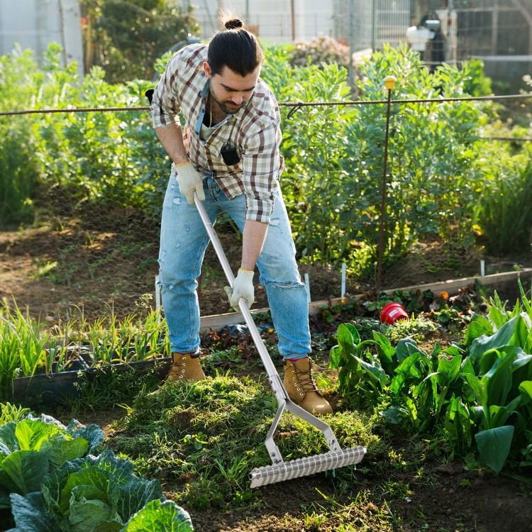 Aluminum lawn loosening soil rake with 19 curved tines, used for leveling soil and enhancing landscaping efficiency.