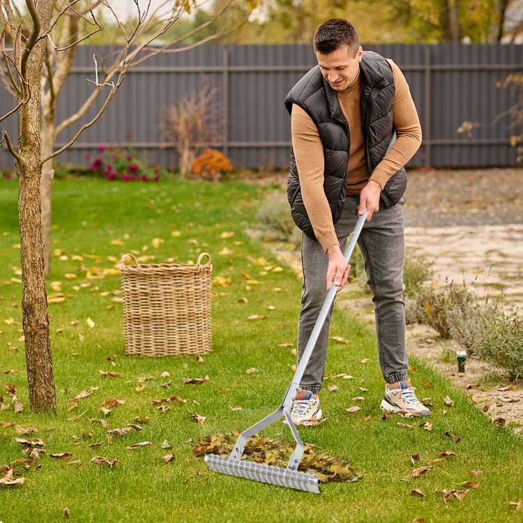 Aluminum lawn rake with 19 curved tines, adjustable angle, and long handle for efficient soil loosening and leaf.