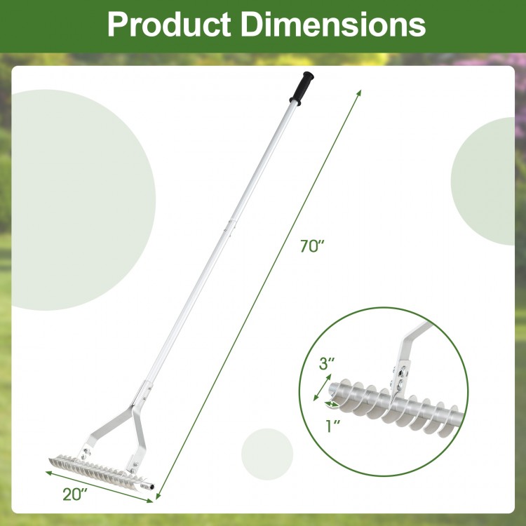 Dimensions of the 20-inch wide aluminum lawn loosening soil rake with a 70-inch long handle and 19 curved tines.