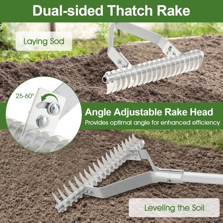 20-inch aluminum lawn rake with dual-sided tines, adjustable angle head for laying sod and leveling soil efficiently.