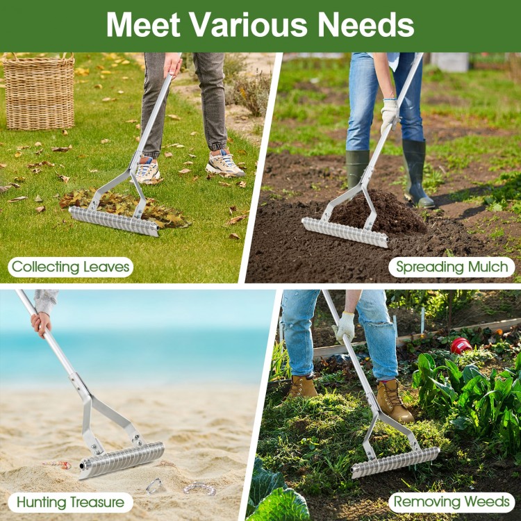 20-inch aluminum lawn rake with curved tines, ideal for collecting leaves, spreading mulch, and loosening soil.